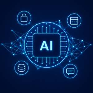 Neon blue AI microchip at center with interconnected circuits and surrounding icons for security, calendar, database, and messaging.