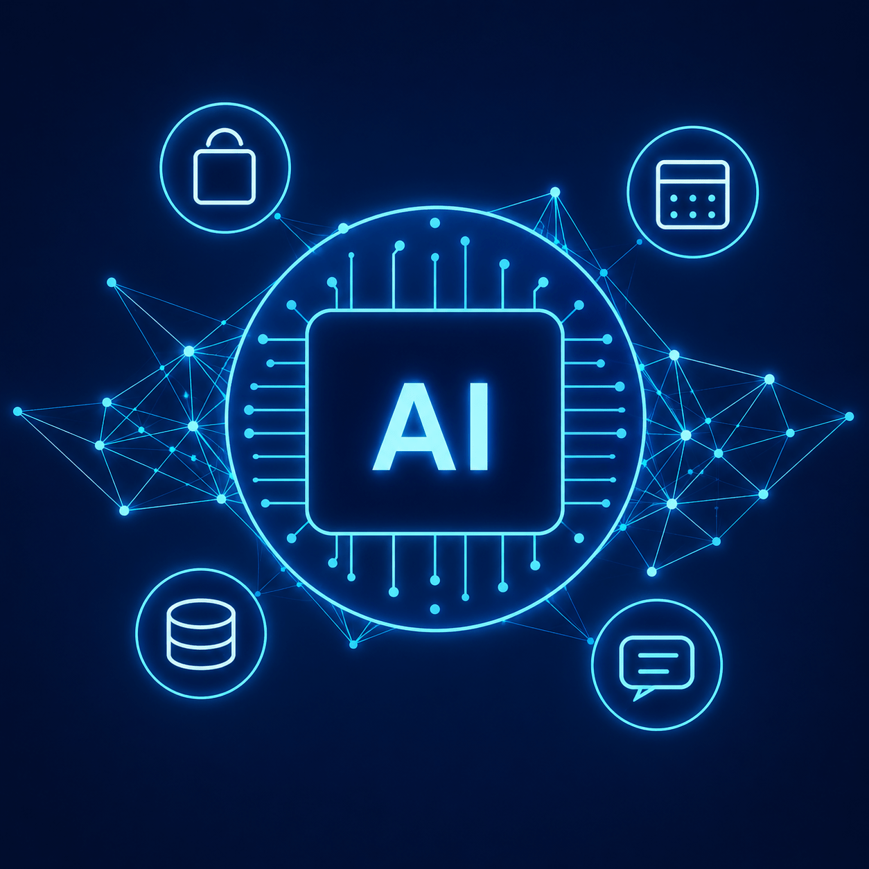 Shop & Service - Shop Neon blue AI microchip at center with interconnected circuits and surrounding icons for security, calendar, database, and messaging.