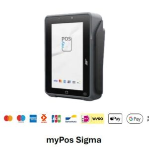 Portable card payment terminal myPos Sigma with major card logos shown below.